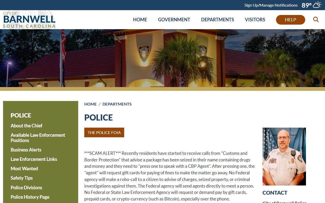 City of Barnwell Police Department contact source for booking photo records
