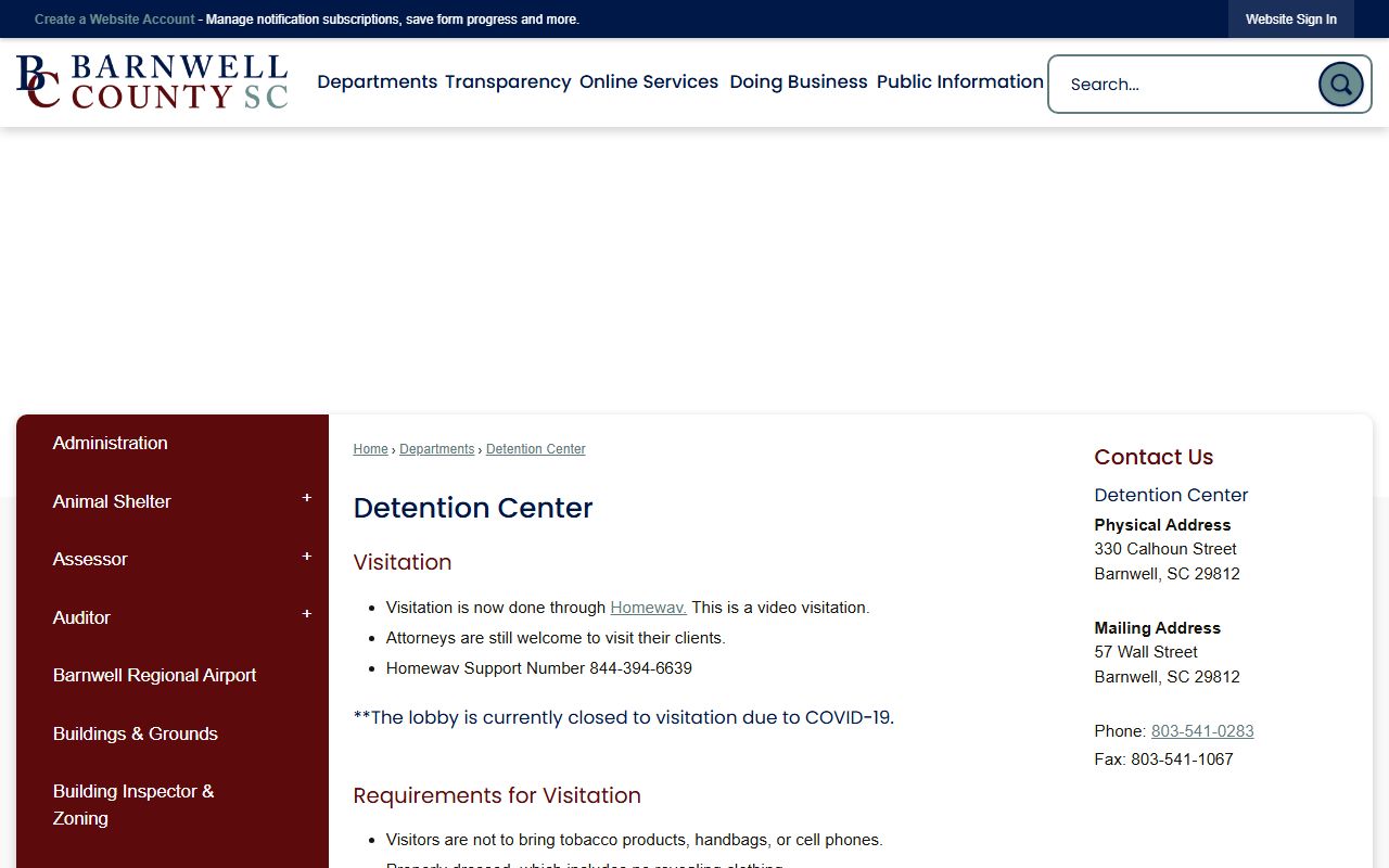 Official Barnwell County Detention Center page with contact and visitation information